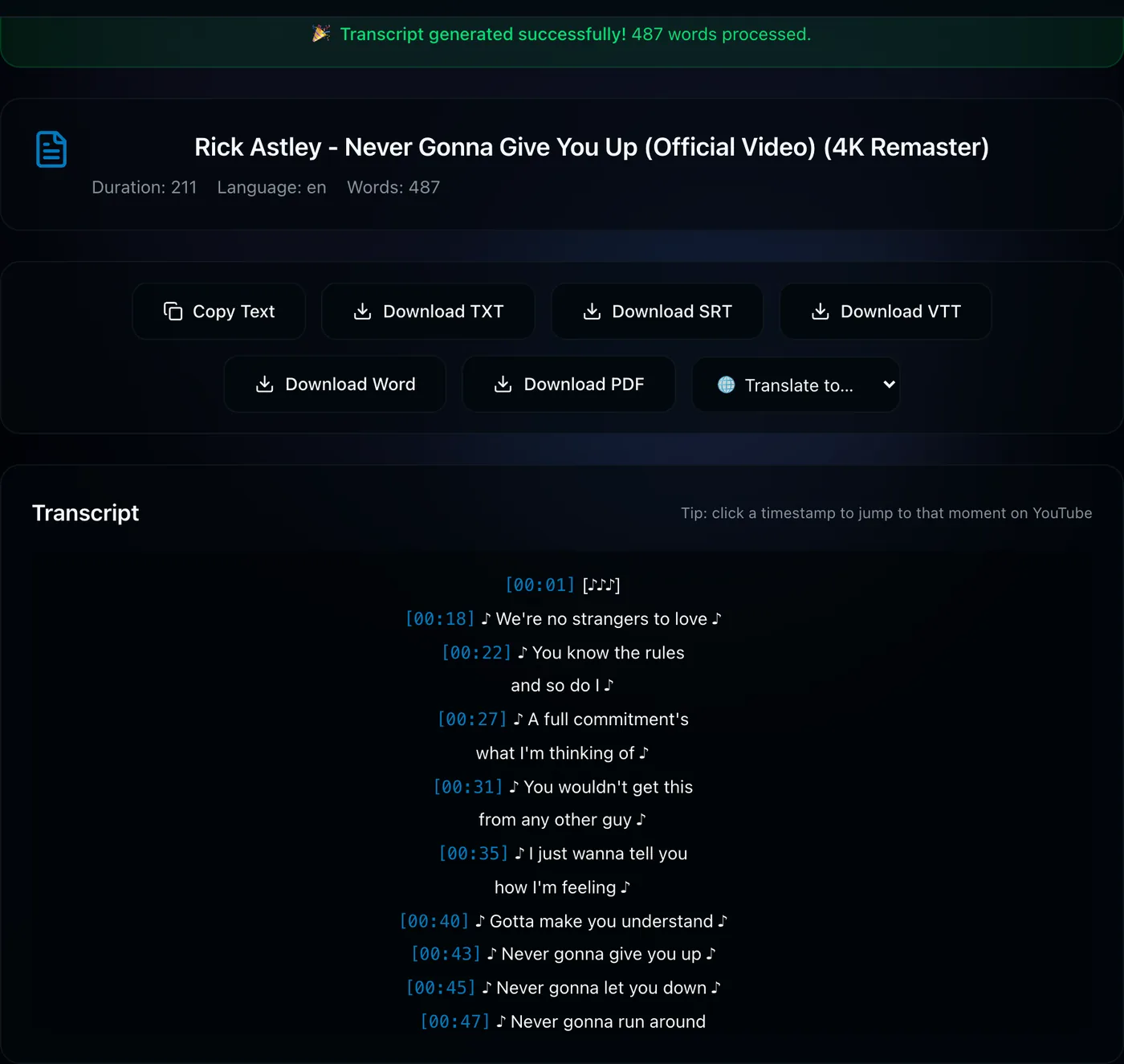 The transcript of a YouTube Short shown as timestamped text